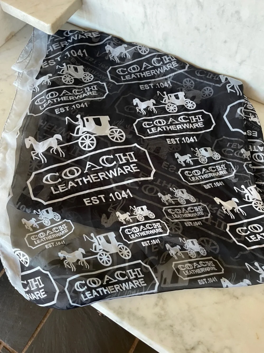 COACH Black and White Logo Horse & Carriage Print Silk Oblong Scarf